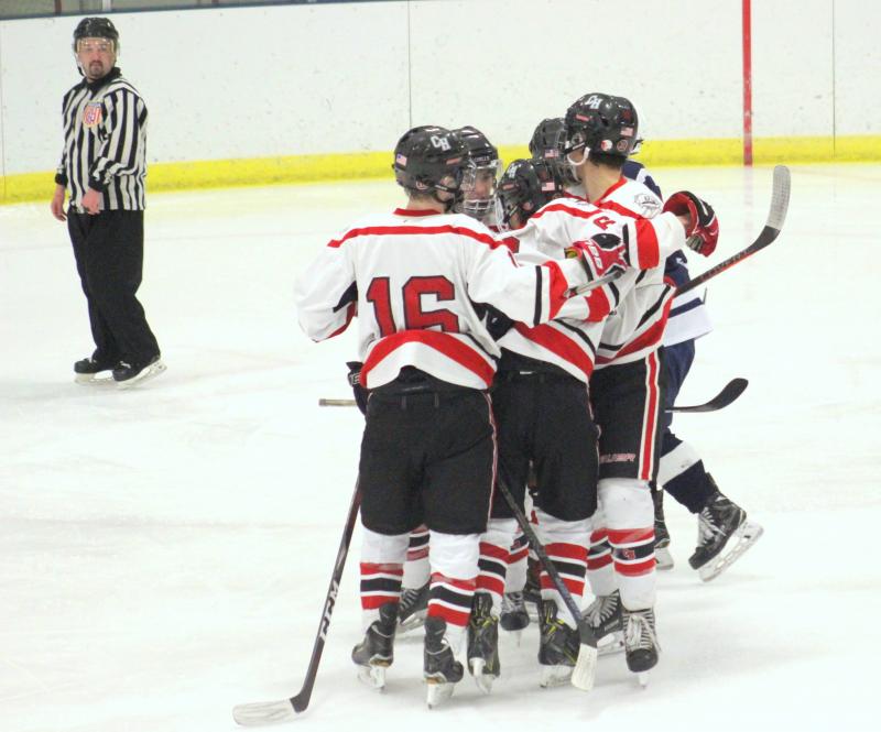 The Camden Hills ice hockey team during its Feb. 1 game. (Courtesy Molly Cole)