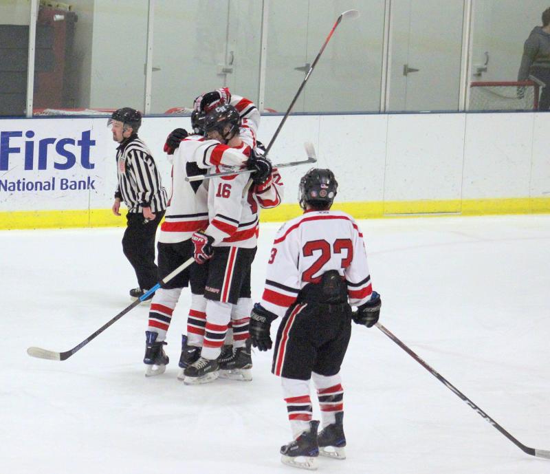 The Camden Hills ice hockey team during its Feb. 1 game. (Courtesy Molly Cole)
