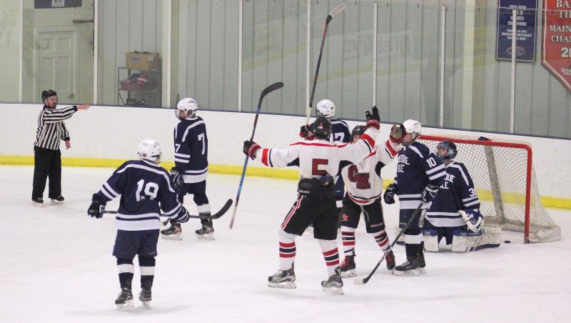 The Camden Hills ice hockey team during its Feb. 1 game. (Courtesy Molly Cole)