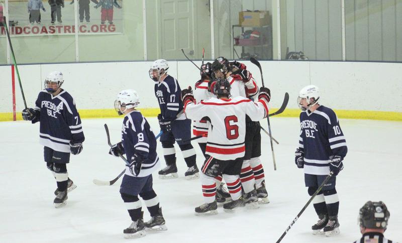 The Camden Hills ice hockey team during its Feb. 1 game. (Courtesy Molly Cole)