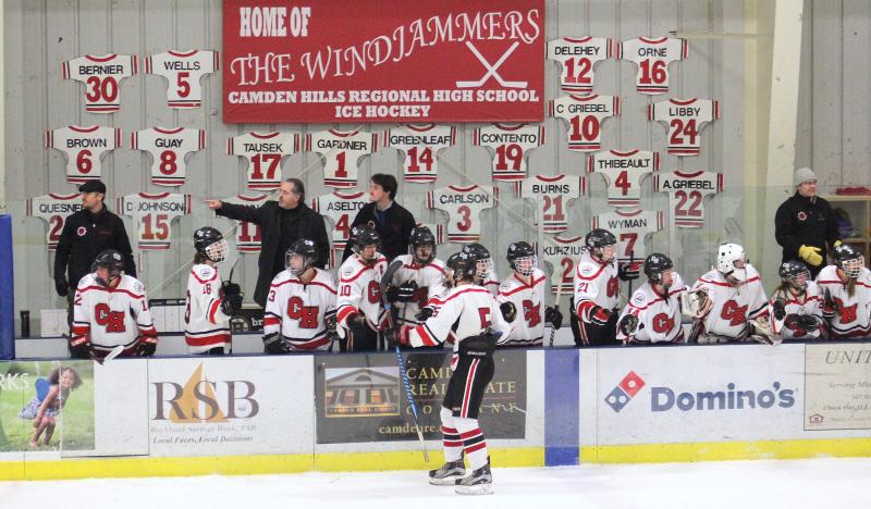 The Camden Hills ice hockey team during its Feb. 1 game. (Courtesy Molly Cole)