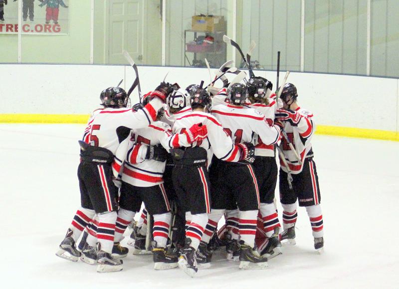 The Camden Hills ice hockey team during its Feb. 1 game. (Courtesy Molly Cole)