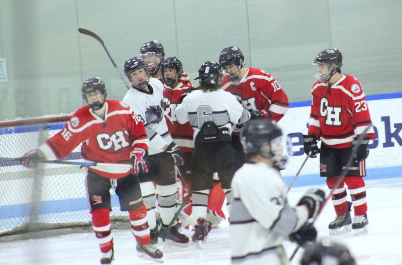 The Camden Hills ice hockey team during its Feb. 5 game. (Courtesy Molly Cole)