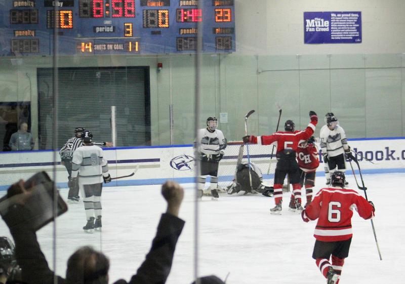 The Camden Hills ice hockey team during its Feb. 5 game. (Courtesy Molly Cole)