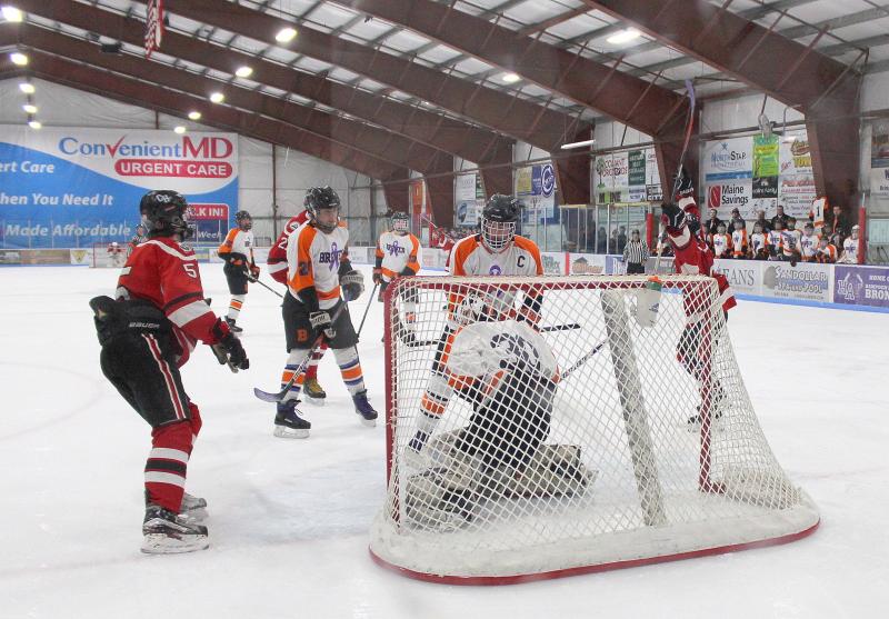 The Camden Hills ice hockey team in its Feb. 8 game against Brewer. (Courtesy Molly Cole)