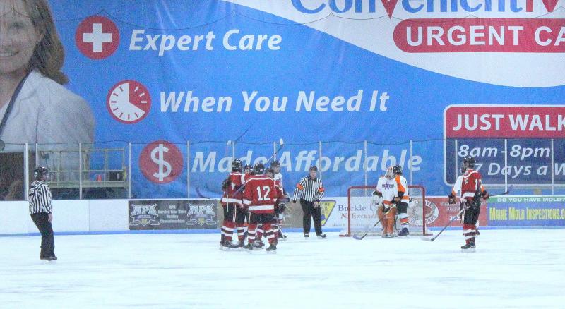 The Camden Hills ice hockey team in its Feb. 8 game against Brewer. (Courtesy Molly Cole)