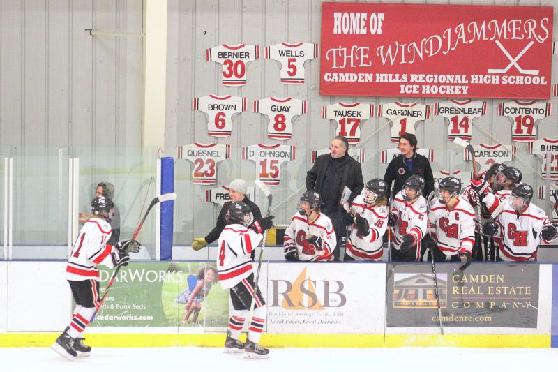 The Camden Hills ice hockey team in its Feb. 15 game against Hampden Academy. (Courtesy Molly Cole)