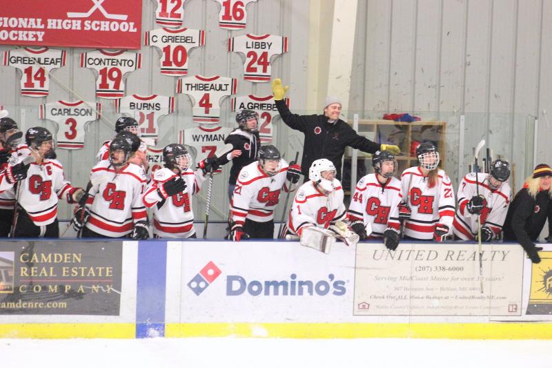 The Camden Hills ice hockey team in its Feb. 15 game against Hampden Academy. (Courtesy Molly Cole)