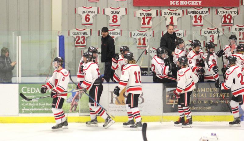 The Camden Hills ice hockey team in its Feb. 15 game against Hampden Academy. (Courtesy Molly Cole)