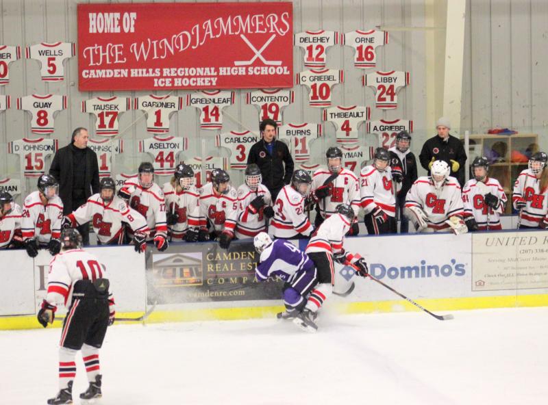 The Camden Hills ice hockey team in its Feb. 15 game against Hampden Academy. (Courtesy Molly Cole)