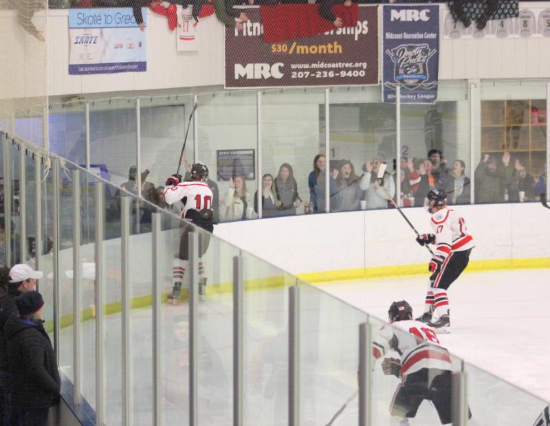 The Camden Hills ice hockey team in its Feb. 15 game against Hampden Academy. (Courtesy Molly Cole)