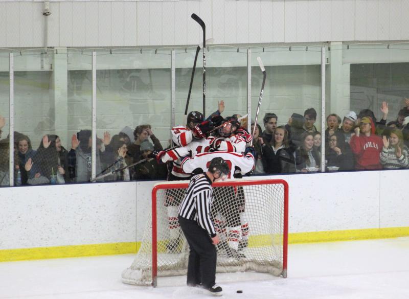 The Camden Hills ice hockey team in its Feb. 15 game against Hampden Academy. (Courtesy Molly Cole)
