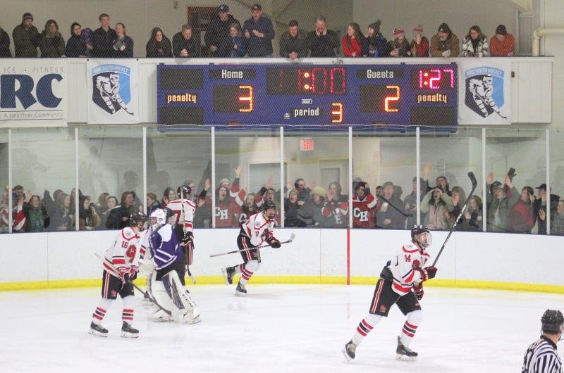 The Camden Hills ice hockey team in its Feb. 15 game against Hampden Academy. (Courtesy Molly Cole)