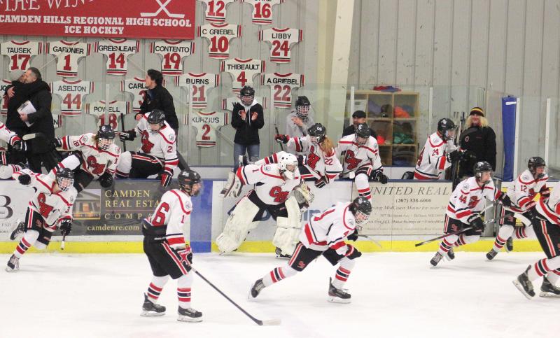 The Camden Hills ice hockey team in its Feb. 15 game against Hampden Academy. (Courtesy Molly Cole)