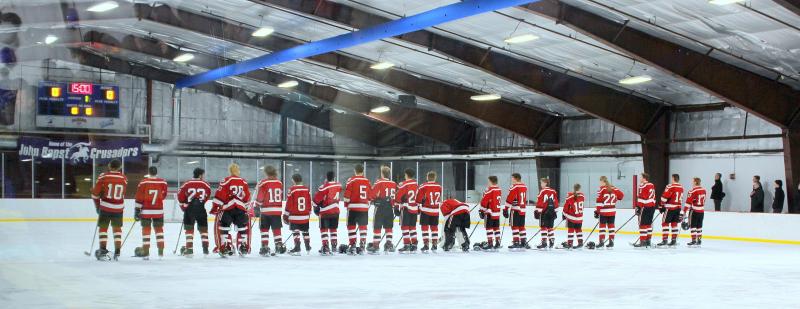 The Camden Hills ice hockey team during its Feb. 19 game. (Courtesy Molly Cole)
