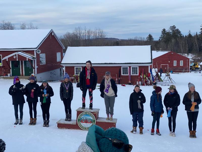 State Champion girls skimeisters, from left, are Katie Grace Kimball, Maggie Metzler, Zola Roberts, Kaelyn Langlois, Adelle Macleay, Lily Stowe, Ula Durow, Olive Walker, Greer Lafiura and Saige Winslow. (Courtesy Weber Roberts)