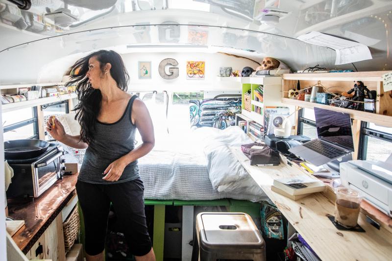 Heidi’s studio inside the bus. Photo courtesy Peter Bissell