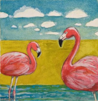 “Flamingos” - Suzi Thayer watercolor available as note card or print. Courtesy of the artist Suzi Thayer