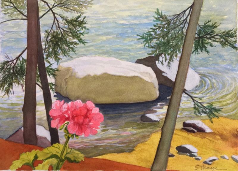 “Pink Geranium and The Store,” a watercolor Cushing scene by Suzi Thayer. See it, and other works by the Edgecomb-based artist, on her new website, sthayerart.com Courtesy of the artist Suzi Thayer