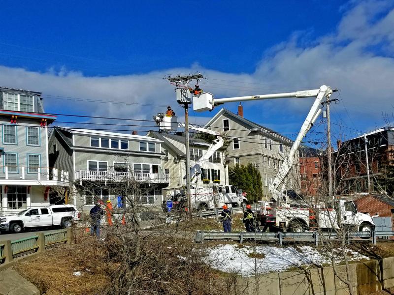 A crew from Nova Scotia, Holland Power Services, were in Rockport Saturday, April 11, repairing the lines in Rockport Village. (Photo courtesy Steve White)