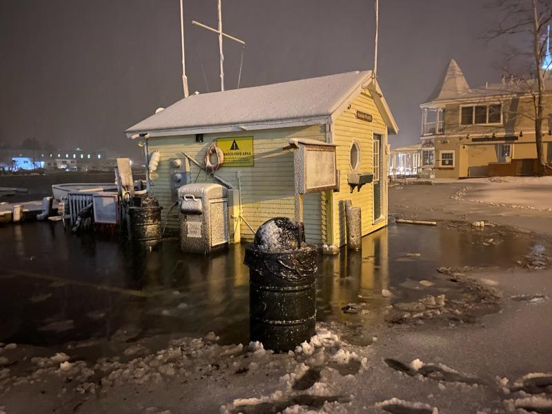 The ocean rose high enough to swamp the harbor master’s building at the Camden Public Landing April 10, around 1 a.m. (Photo by Alison McKellar)