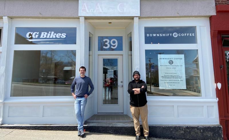 CG Bikes owner Chris Gardner and business associate, Nathaniel Baer in front of their join business in Belfast. (Photo courtesy Chris Gardner)