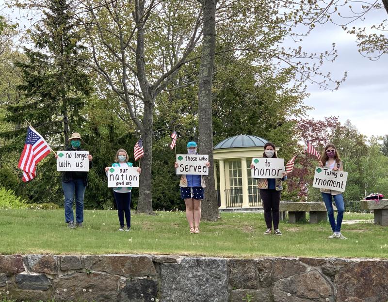 Girl Scouts at attention by the Camden Public Library (Photo courtesy Karrie)