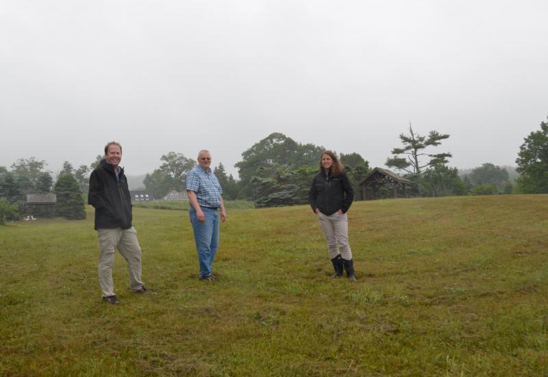Coastal Mountains Land Trust Director Ian Stewart, Lincolnville Town Manager David Kinney and Land Trust Protection Coordinator Heather Rogers, at the former Point Lookout Penobscot Park, in Lincolnville. (Photo by Lynda Clancy)