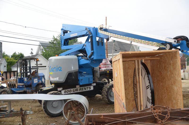 Before it is unpacked, the clock sits at the site in its shipping container.