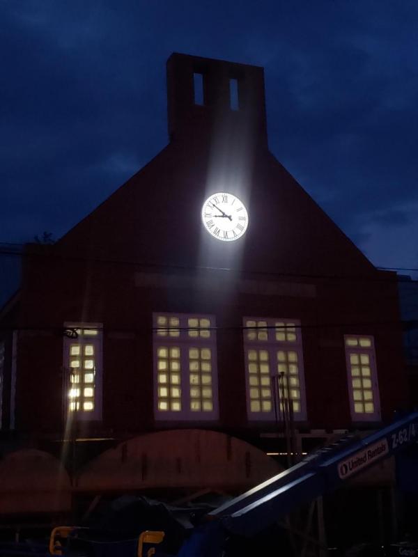 The clock, at night, July 23. (Photo courtesy Charles Frattini)
