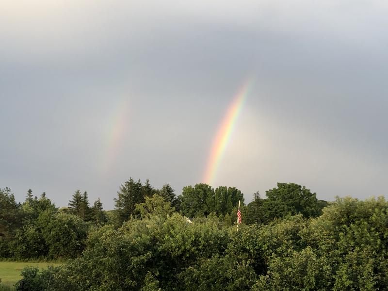Yeah! It rained. Caught this double rainbow at the head of the bay of Rockland Harbor in Owls Head right after. (Photo courtesy Russ Krauss)