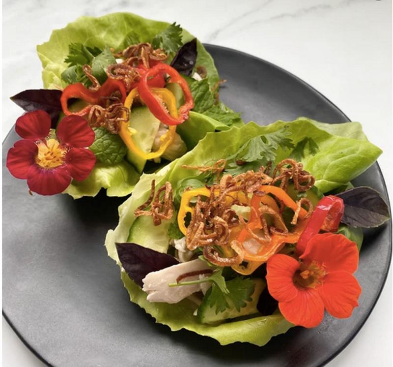 A Meal for Two: Chicken Lettuce Wraps + Nuoc Cham + Basils. Photo courtesy Trilly