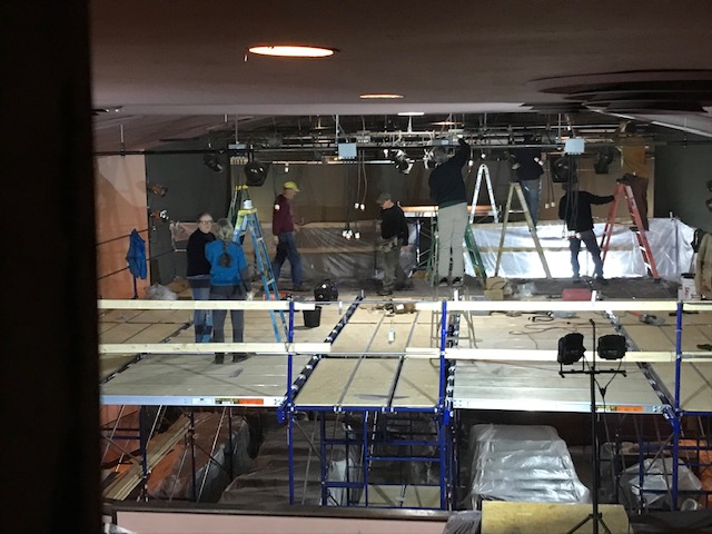 Scaffolding in place for plaster repair and painting of ceiling. (Photo courtesy of Waldo Theatre)