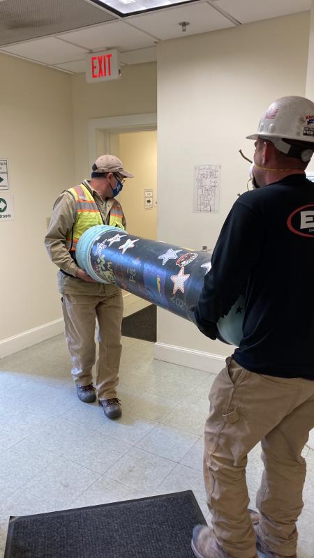 The capsule leaves its longtime home at Camden Public Works headquarters for the parking lot. (Photo courtesy Alison McKellar)