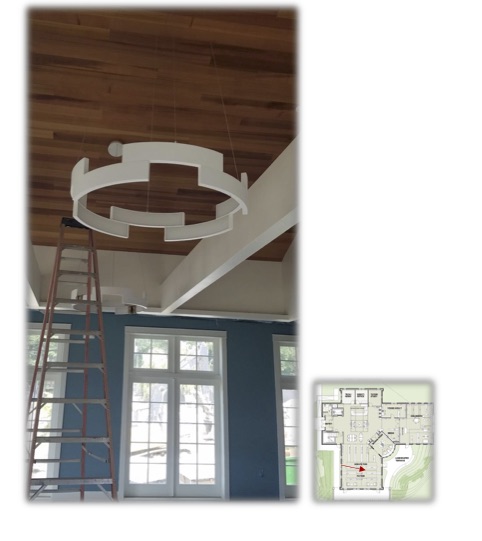 Shown below are one of the lights hanging in the book stack area followed by the lights installed in the top of the beams in the room that will provide additional, defused, lighting in the space.
