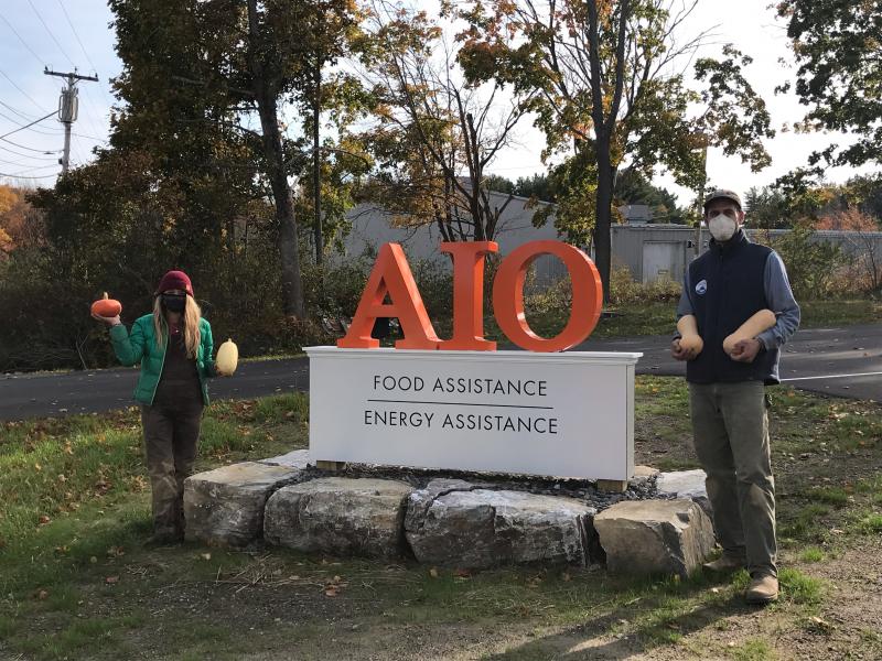 (Left to right) Nancy Wood of the Knox County Gleaners, volunteer Steve Magyar, and MCHT's Erickson Fields Farm Manager, Aaron Englander, unload crates of winter squash at AIO's new building at 1A Gordon Drive in Rockland. (Photo courtesy Maine Coast Heritage Trust)