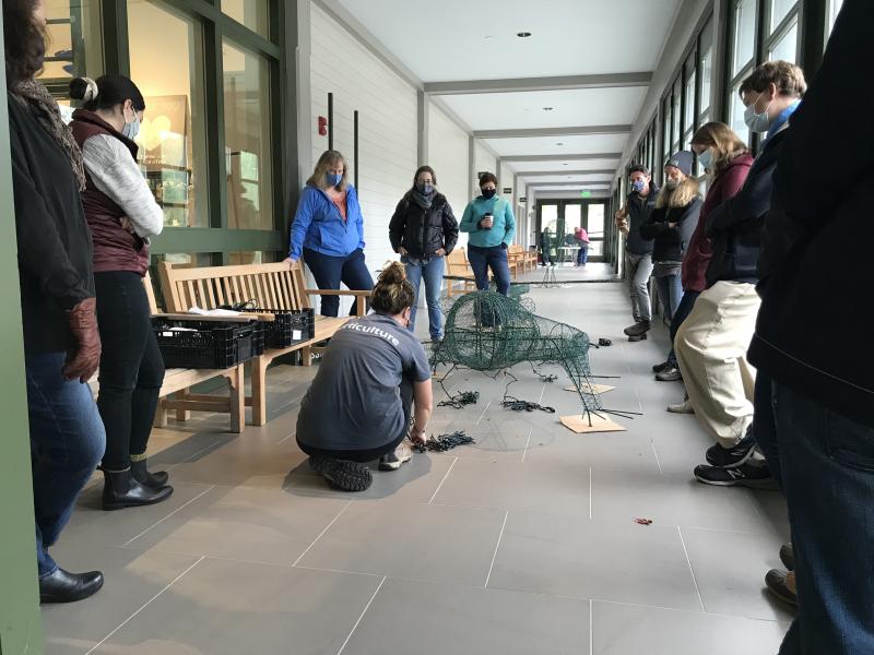 Chloe Hoecker from the horticulture team helps train administrative staff on lighting custom-made structures. Courtesy photo