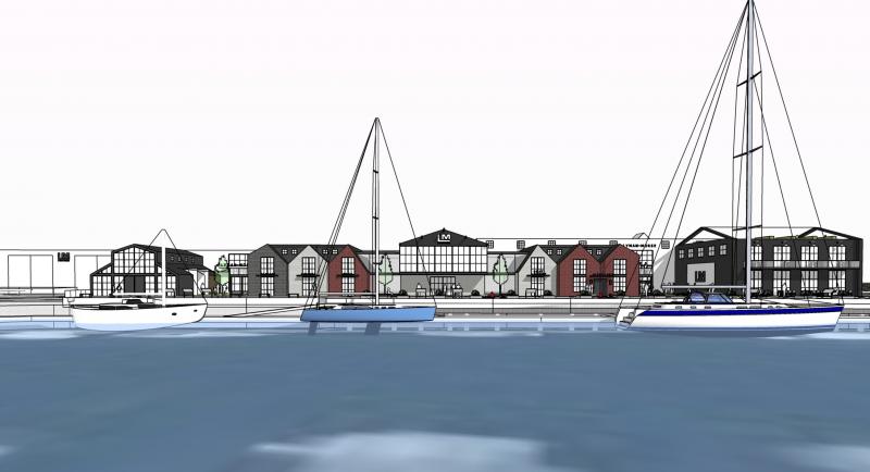 A rendering of proposed new buildings lining the east side of Camden Harbor, as owned by Lyman-Morse Boatbuilding, and operating as Camden Properties LLC and CL-Camden LLC.
