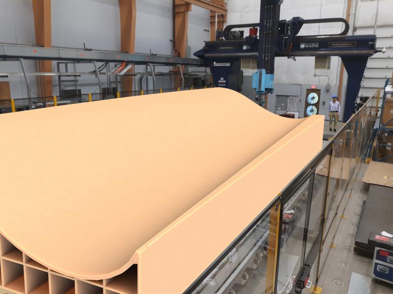 Rendering of a 3D printed wind blade mold segment that will be produced as part of the ASCC's research effort to accelerate wind blade development through additive manufacturing. Researchers will use the world's largest polymer 3D printer to develop recyclable wind blade molds that reduce lead times and costs.(Photo courtesy University of Maine)