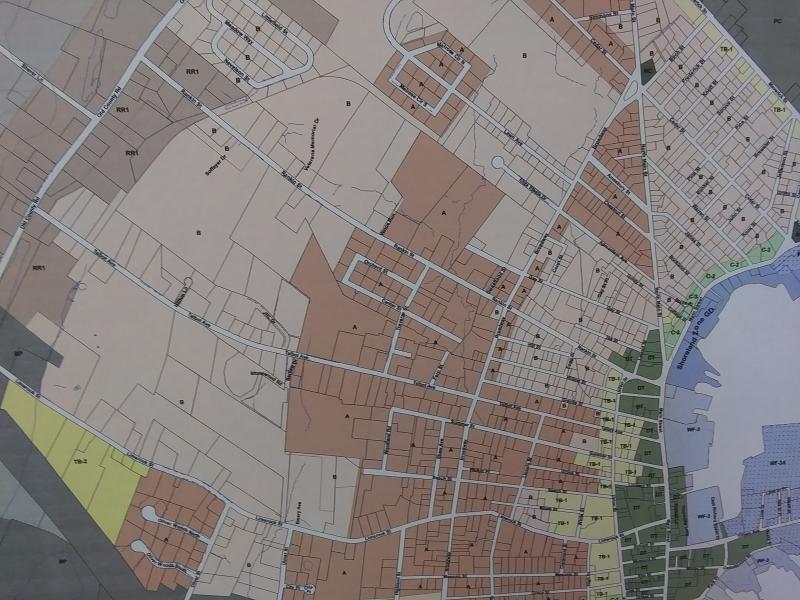 A closeup of Rockland’s zoning map. Rockland Harbor on the right.