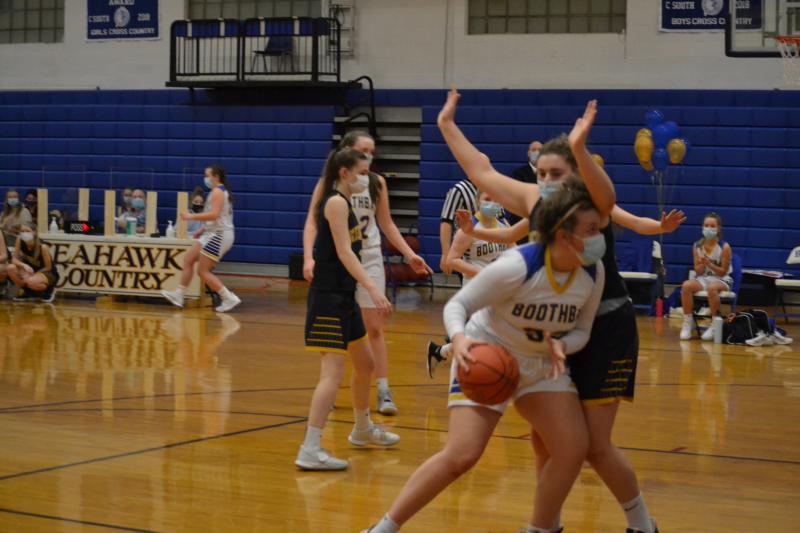 Boothbay forward Jaelyn Crocker scored 11 points against Medomak Valley Monday night and sparked a second half rally which fell short. BILL PEARSON/Boothbay Register