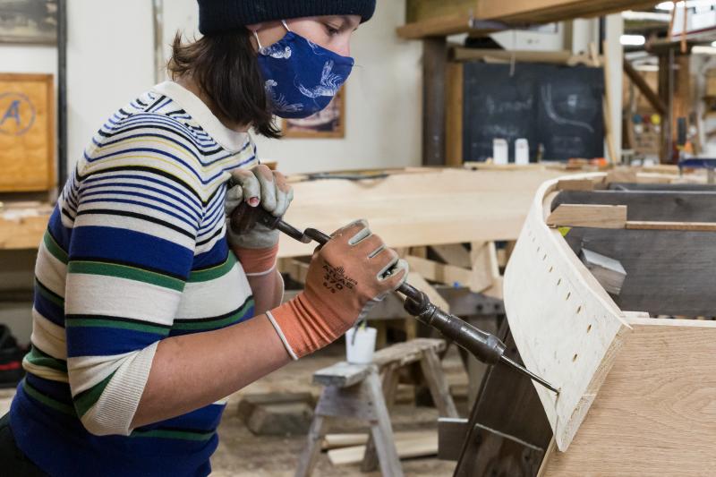 Ellery fastening in her garboard plank. (Photo by Erin Tokarz)