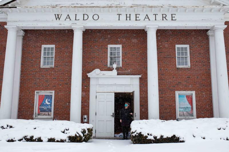Waldo Executive Director Kate Fletcher at the door to the Theatre February 10, 2021 (Photo courtesy Anna Finocchiaro)