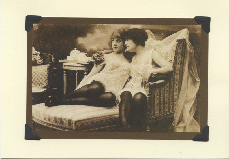 A vintage card made by In Your Own Words featuring an intimate tea with two newlywed wives. Photo courtesy In Your Own Words LLC
