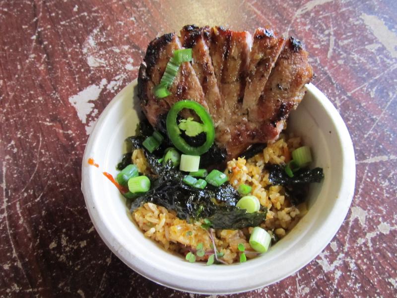 Vietnamese Lemongrass Pork Chop with Roi Choi Korean Kimchi Fried Rice. Photo by Kay Stephens