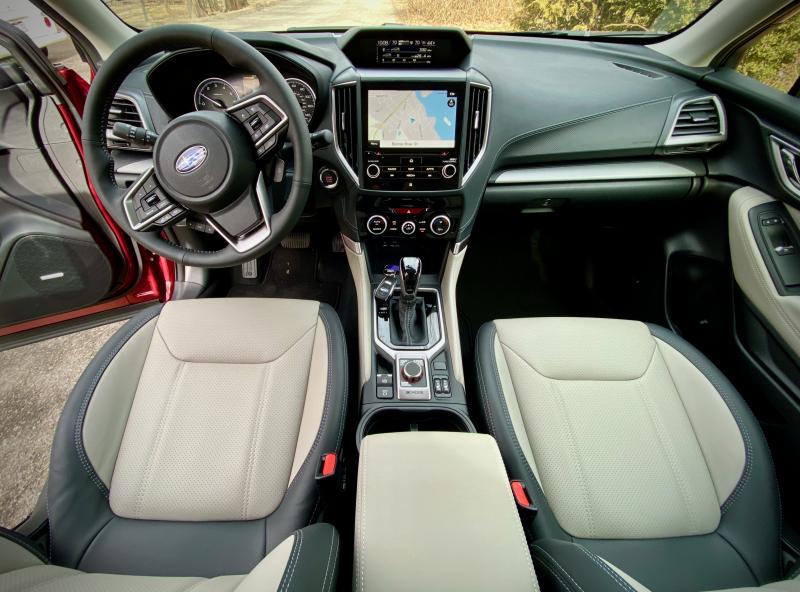 The Forester’s comfortable cabin is thoughtfully laid out, with the e-brake switch on the center console and (with Starlink) a bright, crisp 8-inch touch/gesture screen.