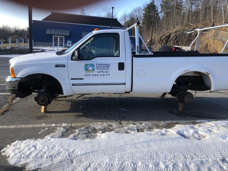 All four tires and wheels were stolen from a 2001 Ford 350 Turbo Diesel pickup truck parked in the lot at the former Walker’s Restaurant in Rockport. (Photo courtesy of Russell Collett, DDS)