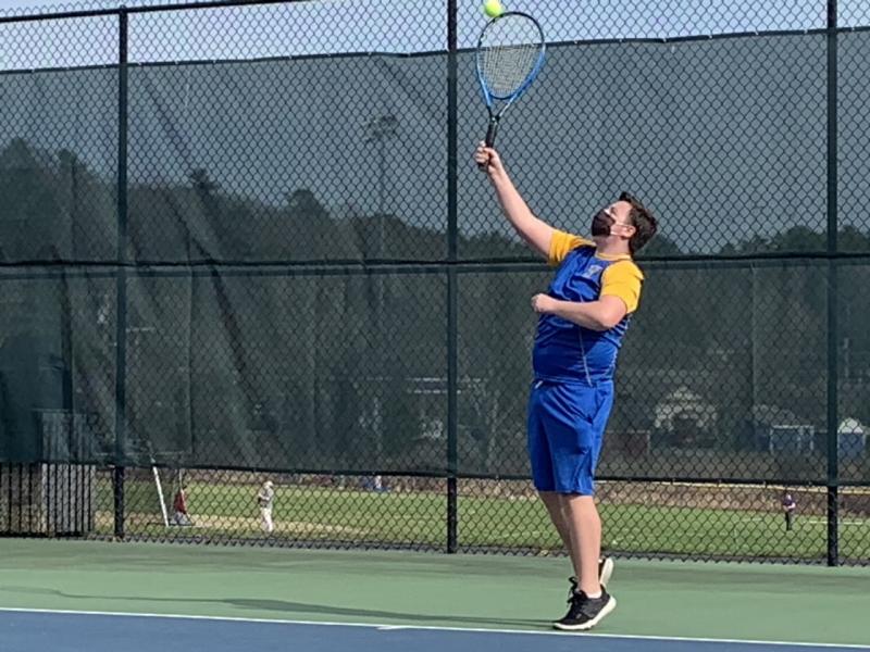 Freshman Andrew Fowlie had no problem defeating Oceanside’s Nate Fogarty 6-1,6-0 in a No. 3 singles match April 15 in Boothbay Harbor. BILL PEARSON/Boothbay Register