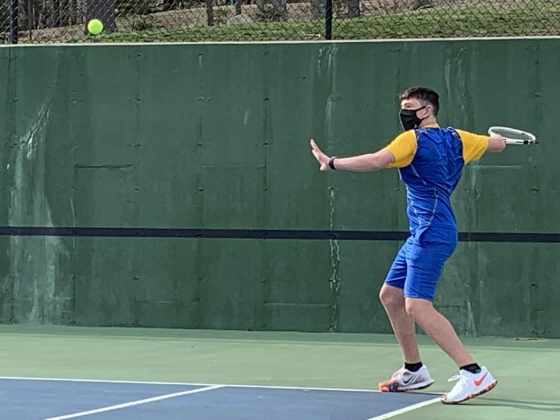 Freshman Rath Schoenthal won his first high school match 6-0, 6-0 versus No. 2 Oceanside player Andrew Peaco April 15 at Boothbay Region High School. BILL PEARSON/Boothbay Register