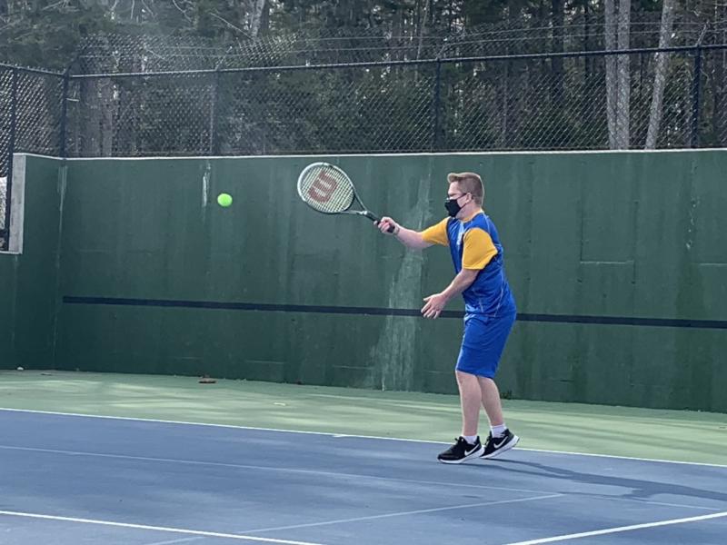 No. 1 Boothbay singles player Cody Field secured the third match victory over Oceanside April 15 as the Seahawks won the first tennis match of the season. BILL PEARSON/Boothbay Register